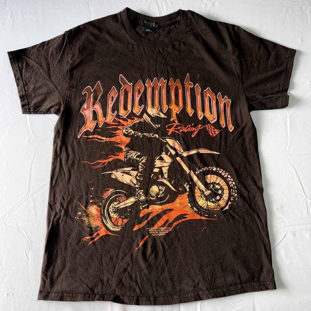 BoohooMAN Redemption Moto Wash T-Shirt Mens S Brown Oversized Racing NWOT